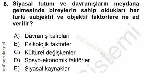 6. soru: Siyasal tutum ve davranışların meydana gelmesinde bireylerin sahip oldukları her türlü sübjektif ve objektif faktörle…
