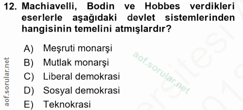 12. soru: Machiavelli, Bodin ve Hobbes verdikleri eserlerle aşağıdaki devlet sistemlerinden hangisinin temelini atmışlardır? A)…