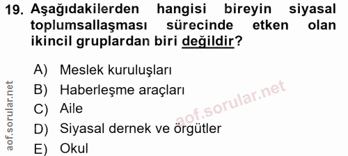 19. soru: Aşağıdakilerden hangisi bireyin • siyasal toplumsallaşması sürecinde etken olan ikincil gruplardan biri değildir? A)…