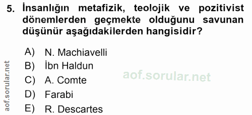 5. soru: İnsanlığın metafizik, teolojik ve pozitivist dönemlerden geçmekte olduğunu savunan düşünür aşağıdakilerden hangisidir…