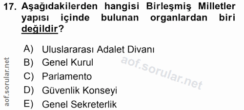 17. soru: Aşağıdakilerden hangisi Birleşmiş Milletler yapısı içinde bulunan organlardan biri değildir? A) Uluslararası Adalet D…