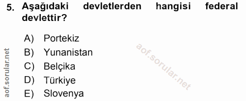 5. soru: AşağıdakiR devletlerden hangisi federal devlettir? A) Portekiz B) Yunanistan C) Belçika D) Türkiye E) Slovenya