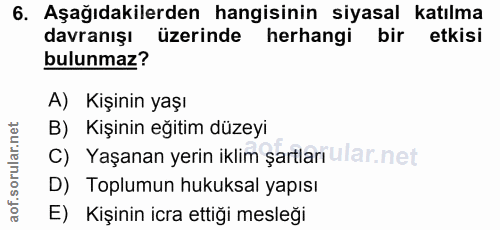 6. soru: Aşağıdakilerden hangisinin siyasal katılma davranışı üzerinde herhangi bir etkisi bulunmaz? A) Kişinin yaşı B) Kişini…