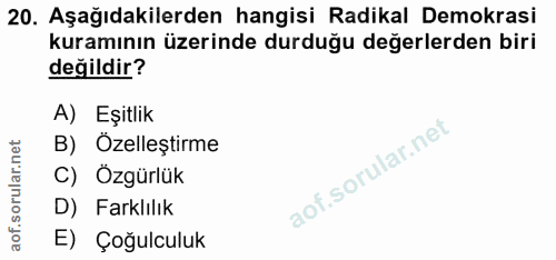 20. soru: Aşağıdakilerden hangisi Radikal Demokrasi kuramının üzerinde durduğu değerlerden biri değildir? A) Eşitlik B) Özelleş…