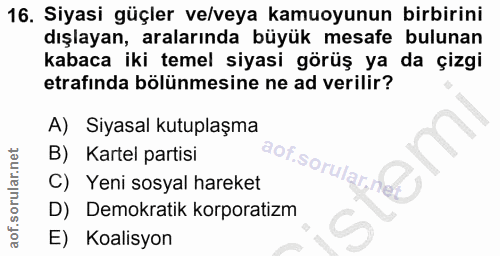 16. soru: Siyasi güçler ve/veya kamuoyunun birbirini dışlayan, aralarında büyük mesafe bulunan kabaca iki temel siyasi görüş ya…