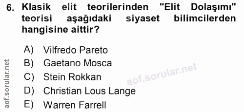 6. soru: Klasik elit teorilerinden "Elit Dolaşımı" teorisi aşağıdaki siyaset bilimcilerden hangisine aittir? A) Vilfredo Paret…
