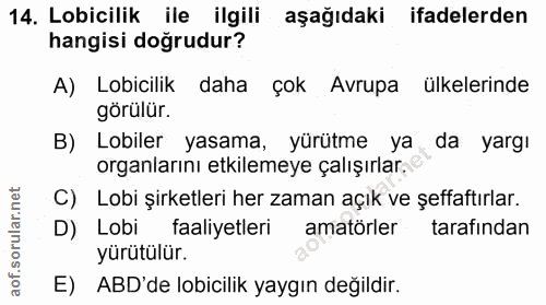 14. soru: Lobicilik ile ilgili aşağıdaki ifadelerden hangisi doğrudur? A) Lobicilik daha çok Avrupa ülkelerinde görülür. B) Lob…