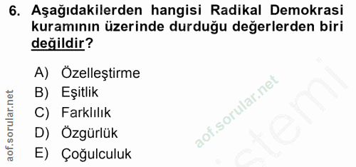 6. soru: Aşağıdakilerden hangisi Radikal Demokrasi kuramının üzerinde durduğu değerlerden biri değildir? A) Özelleştirme B) Eş…