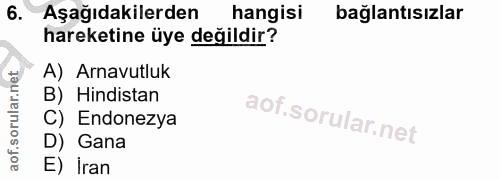 6. soru: Aşağıdakilerden hangisi bağlantısızlar hareketine üye değildir? A) Arnavutluk B) Hindistan C) Endonezya D) Gana E) İran