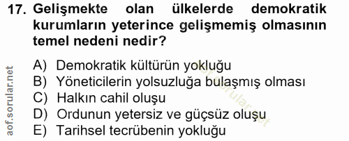 17. soru: Gelişmekte olan ülkelerde demokratik kurumların yeterince gelişmemiş olmasının temel nedeni nedir? A) Demokratik kült…