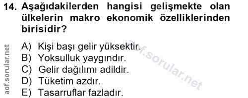 14. soru: Aşağıdakilerden hangisi gelişmekte olan ülkelerin makro ekonomik özelliklerinden birisidir? A) Kişi başı gelir yüksek…