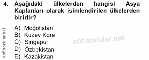 4. soru: Aşağıdaki ülkelerden hangisi Asya Kaplanları olarak isimlendirilen ülkelerden biridir? A) Moğolistan B) Kuzey Kore C)…