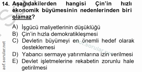 14. soru: Aşağıdakilerden hangisi Çin'in hızlı ekonomik büyümesinin nedenlerinden biri olamaz? A) İşgücü maliyetlerinin düşüklü…