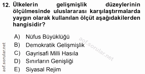 12. soru: Ulkelerin gelişmişlık düzeylerinin ölçülmesinde uluslararası karşılaştırmalarda yaygın olarak kullanılan ölçüt aşağıd…