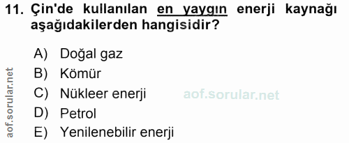 11. soru: Çin'de kullanılan en yaygın enerji kaynağı aşağıdakilerden hangisidir? A) Doğal gaz B) Kömür C) Nükleer enerji D) Pet…