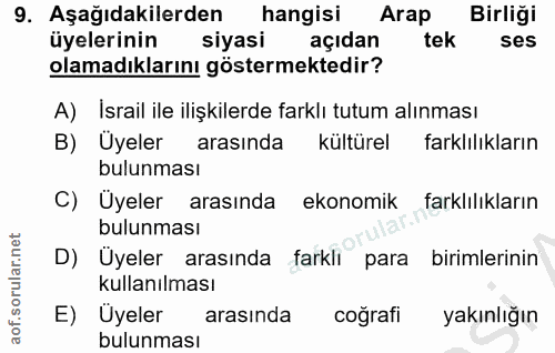 9. soru: Aşağıdakilerden hangisi Arap Birliği üyelerinin siyasi açıdan tek ses olamadıklarını göstermektedir? A) İsrail ile il…