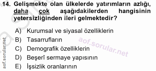 14. soru: Gelişmekte olan ülkelerde yatırımların azlığı, daha çok aşağıdakilerden hangisinin yetersizliğinden ileri gelmektedir…