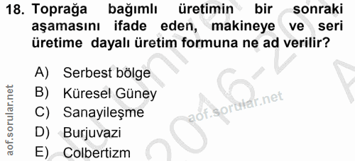 18. soru: Toprağa bağımlı üretimin bir sonraki aşamasını ifade eden, makineye ve seri üretime dayalı üretim formuna ne ad veril…