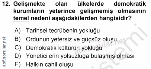 12. soru: Gelişmekte olan ülkelerde demokratik kurumların yeterince gelişmemiş olmasının temel nedeni aşağıdakilerden hangisidi…
