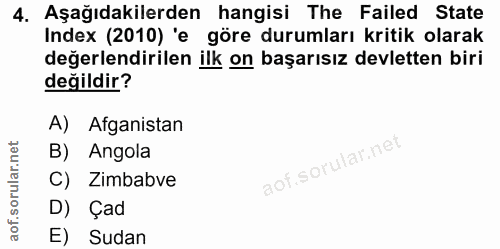 4. soru: Aşağıdakilerden hangisi The Failed State Index (2010) 'e göre durumları kritik olarak değerlendirilen ilk on başarısı…