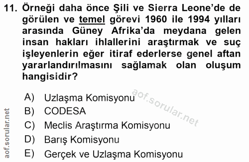 11. soru: Örneği daha önce Şili ve Sierra Leone'de de görülen ve temel görevi 1960 ile 1994 yılları arasında Güney Afrika'da me…