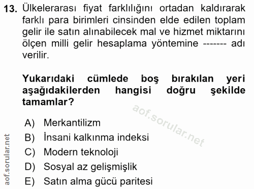 13. soru: Ulkelerarası fiyat farklılığını ortadan kaldırarak farklı para birimleri cinsinden elde edilen toplam gelir ile satın…