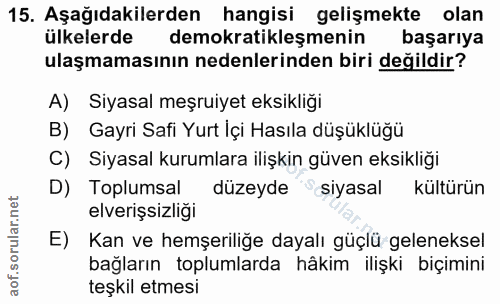 15. soru: Aşağıdakilerden hangisi gelişmekte olan ülkelerde demokratikleşmenin başarıya ulaşmamasının nedenlerinden biri değild…