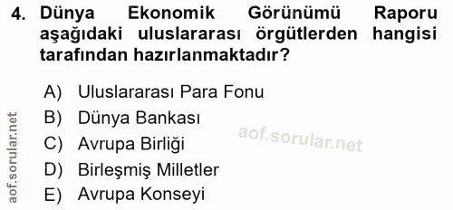 4. soru: Dünya Ekonomik Görünümü Raporu aşağıdaki uluslararası örgütlerden hangisi tarafından hazırlanmaktadır? A) Uluslararas…