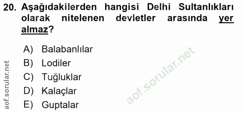 20. soru: Aşağıdakilerden hangisi Delhi Sultanlıkları olarak nitelenen devletler arasında yer almaz? A) Balabanlılar B) Lodiler…