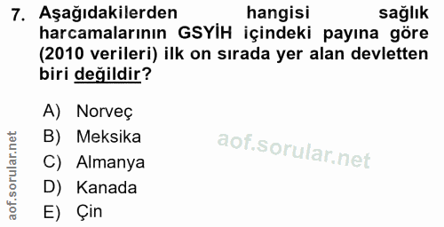 7. soru: Aşağıdakilerden hangisi sağlık harcamalarının GSYİH içindeki payına göre (2010 verileri) ilk on sırada yer alan devle…
