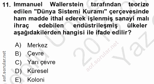 11. soru: Immanuel Wallerstein tarafından teorize edilen "Dünya Sistemi Kuramı" çerçevesinde ham madde ithal ederek işlenmiş sa…