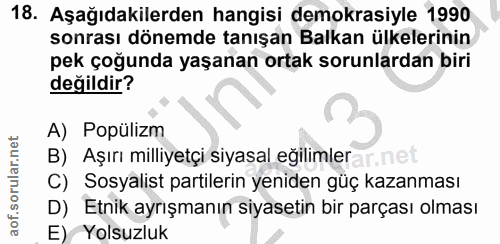 18. soru: Aşağıdakilerden hangisi demokrasiyle 1990 sonrası dönemde tanışan Balkan ülkelerinin pek çoğunda yaşanan ortak sorunl…