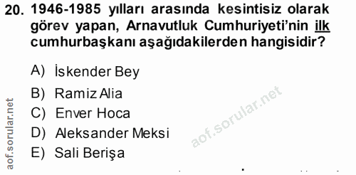 20. soru: 1946-1985 yılları arasında kesintisiz olarak görev yapan, Arnavutluk Cumhuriyeti'nin ilk cumhurbaşkanı aşağıdakilerde…
