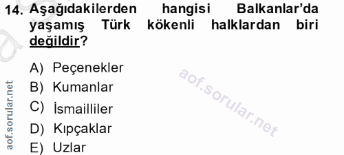 14. soru: Aşağıdakilerden hangisi Balkanlar'da yaşamış Türk kökenli halklardan biri değildir? A) Peçenekler B) Kumanlar C) İsma…