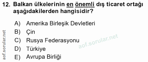 12. soru: Balkan ülkelerinin en önemli dış ticaret ortağı aşağıdakilerden hangisidir? A) Amerika Birleşik Devletleri Çın C) Rus…