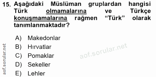 15. soru: Aşağıdaki Müslüman gruplardan hangisi Türk olmamalarına ve Türkçe konuşmamalarına rağmen "Türk" olarak tanımlanmaktad…