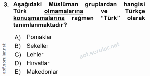 3. soru: Aşağıdaki Müslüman gruplardan hangisi Türk olmamalarına ve Türkçe konuşmamalarına ragmen "Türk" olarak tanımlanmaktad…