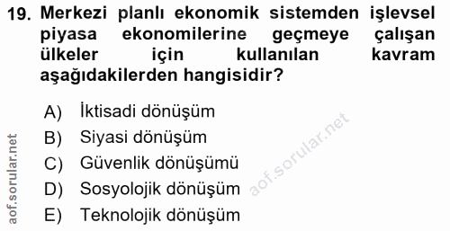 19. soru: Merkezi planlı ekonomik sistemden işlevsel piyasa ekonomilerine geçmeye çalışan ülkeler için kullanılan kavram aşağıd…