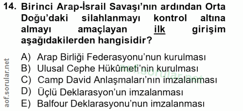 14. soru: Birinci Arap-İsrail Savaşı'nın ardından Orta Doğu'daki silahlanmayı kontrol altına almayı amaçlayan ilk girişim aşağı…