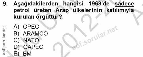 9. soru: Aşağıdakilerden hangisi 1968'de sadece petrol üreten Arap ülkelerinin katılımıyla kurulan örgüttür? A) OPEC B) ARAMCO…