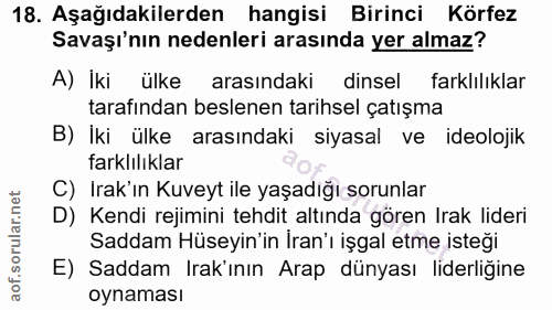 18. soru: Aşağıdakilerden hangisi Birinci Körfez Savaşı'nın nedenleri arasında yer almaz? A) İki ülke arasındaki dinsel farklıl…