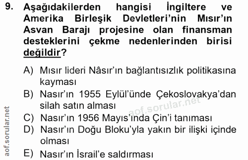 9. soru: Aşağıdakilerden hangisi ingiltere Amerika Birleşik Devletleri'nin Mısır'ın Asvan Barajı projesine olan finansman dest…