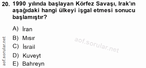 20. soru: 1990 yılında başlayan Körfez Savaşı, Irak'ın aşağıdaki hangi ülkeyi işgal etmesi sonucu başlamıştır? A) İran B) Mısır…
