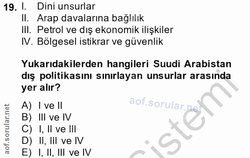 19. soru: 1. Dini unsurlar II. Arap davalarına bağlılık III. Petrol ve dış ekonomik ilişkiler IV. Bölgesel istikrar ve güvenlik…