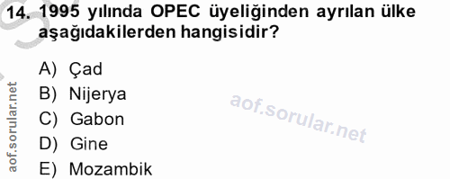 14. soru: 1995 yılında OPEC üyeliğinden ayrılan ülke aşağıdakilerden hangisidir? A) Çad B) Nijerya C) Gabon D) Gine E) Mozambik