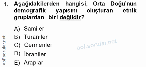 1. soru: Aşağıdakilerden hangisi, Orta Doğu'nun demografik yapısını oluşturan etnik gruplardan biri değildir? A) Samiler B) Tu…