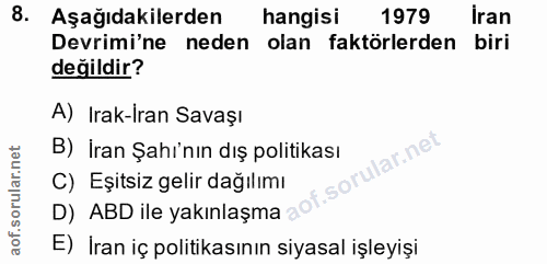 8. soru: Aşağıdakilerden hangisi 1979 Iran Devrimi'ne neden olan faktörlerden biri değildir? A) Irak-Iran Savaşı B) İran Şahı'…