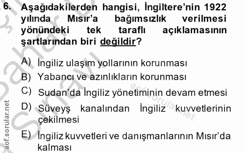 6. soru: Aşağıdakilerden hangisi, İngiltere'nin 1922 yılında Mısır'a bağımsızlık verilmesi yönündeki tek taraflı açıklamasının…