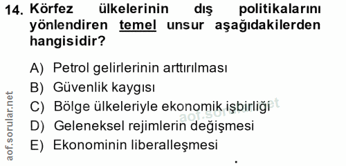 14. soru: Körfez ülkelerinin dış politikalarını yönlendiren temel unsur aşağıdakilerden hangisidir? A) Petrol gelirlerinin artt…