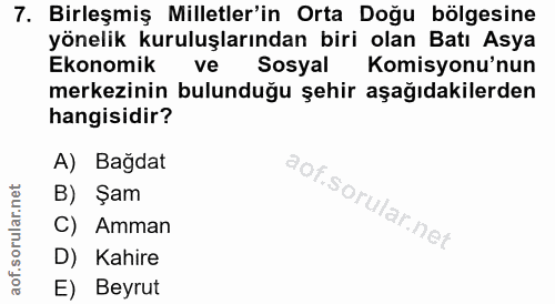 7. soru: Birleşmiş Milletler'in Orta Doğu bölgesine yönelik kuruluşlarından biri olan Batı Asya Ekonomik ve Sosyal Komisyonu'n…
